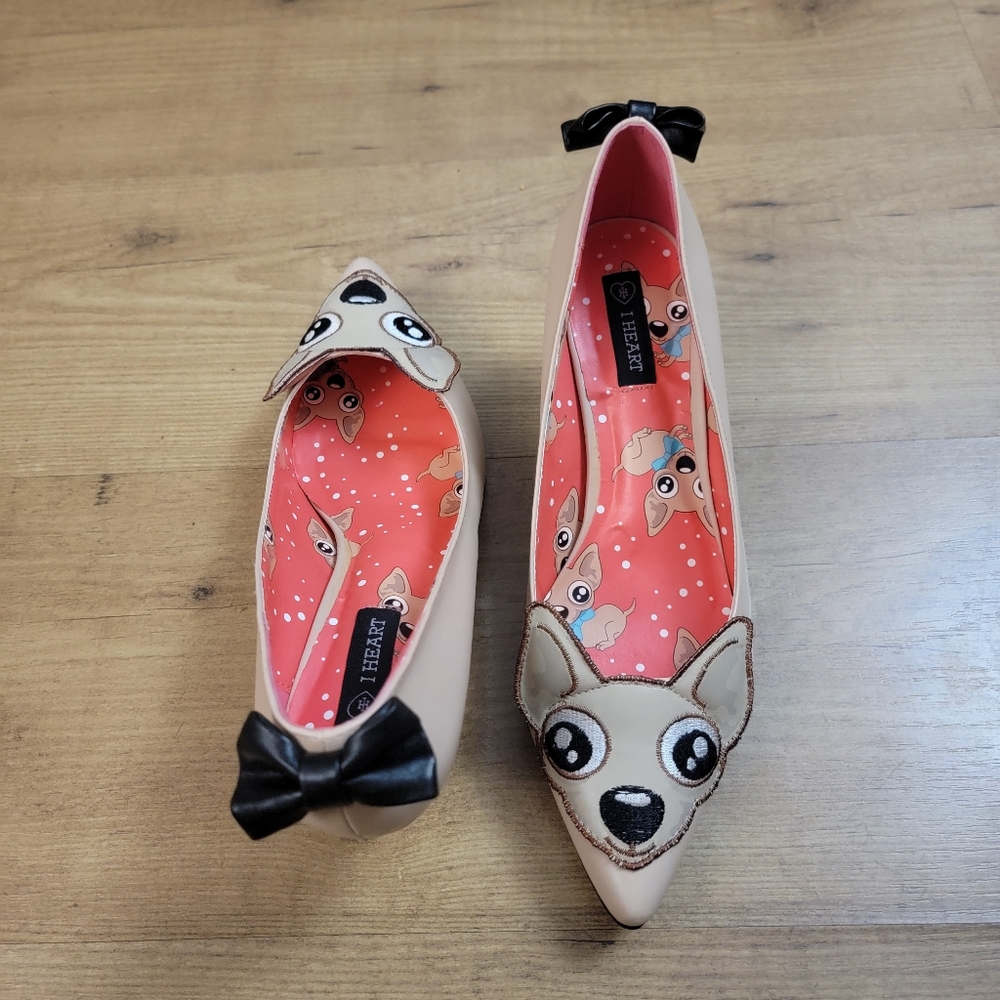 I HEART Beige Chihuahua Puppy Themed Kitten Heels